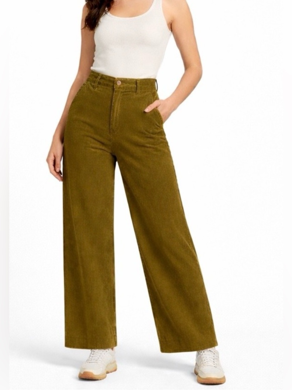 Old Navy High Rise Wide Leg Corduroy Pants Women Size 8 Tall Satin Moss